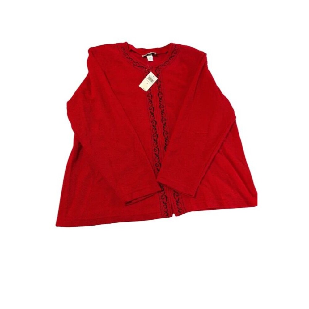 NWT Red Eccotoo zip-front cardigan with black embroidered trim along the collar